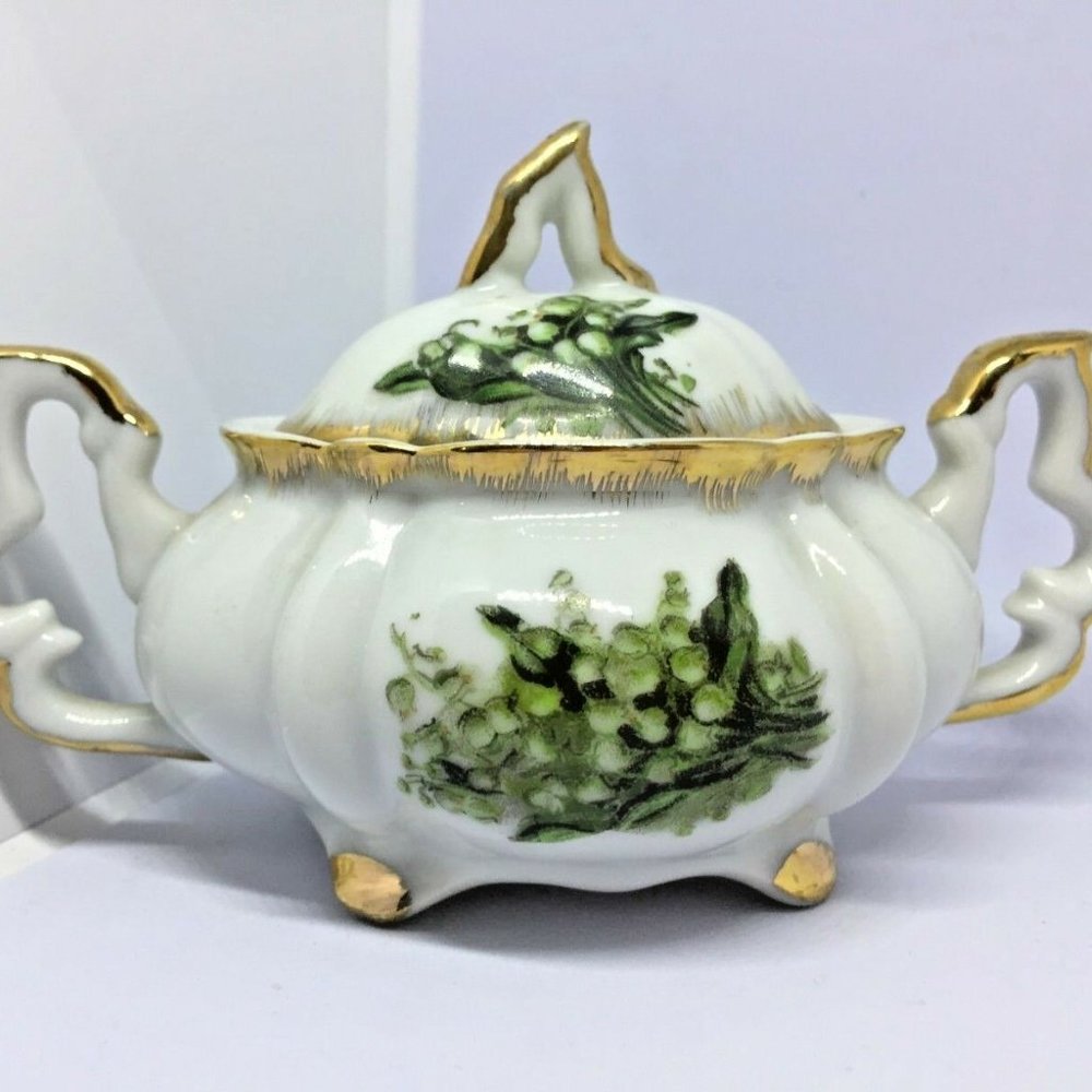 VTG! Original Napco China Hand Painted Sugar Bowl Green Flowers w/Gold ~ IVD211